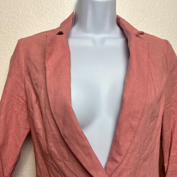 Stoosh Womens Pink Linen Blend Blazer Sz S Preppy Coastal Rayon Ruching Ruffle - Picture 6 of 10